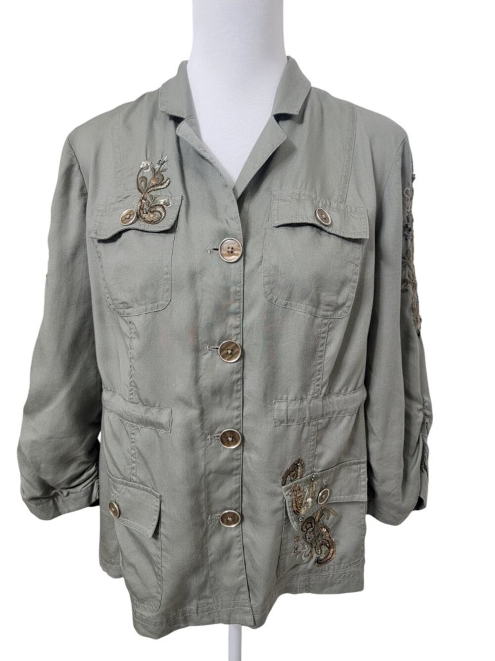 Chico's Size 1 Olive Green Utility Jacket with Beading and Embroidery Detail